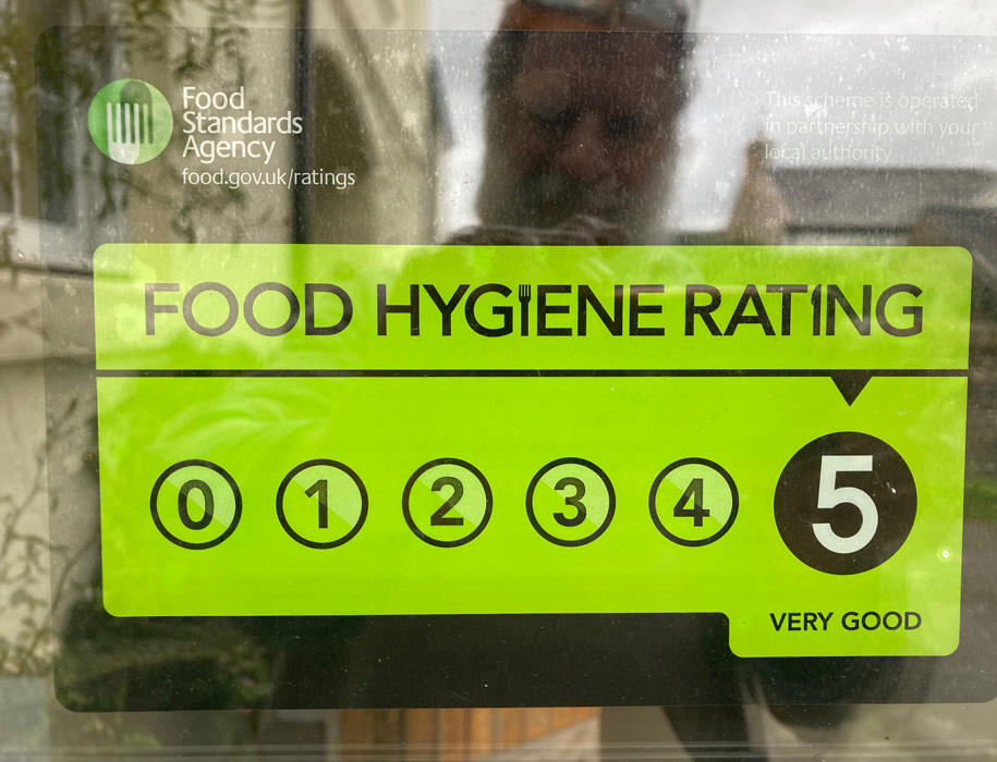 Temple Croft B&B 5-star food safety certificate on display in window